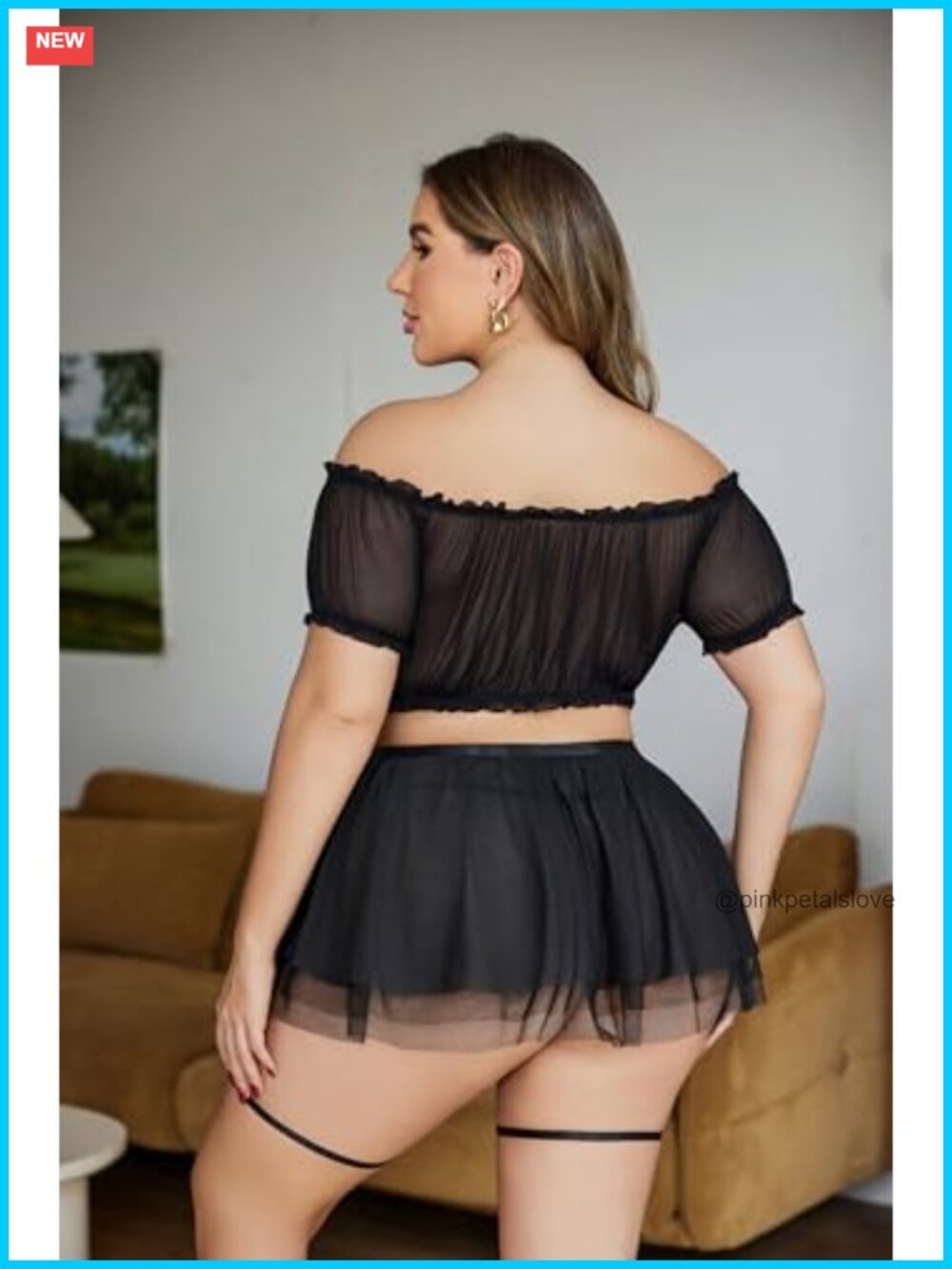 Plus Size 3 Piece Lingerie Set Mesh Ruffle Garter Top Skirt Thong - Picture 3 of 7